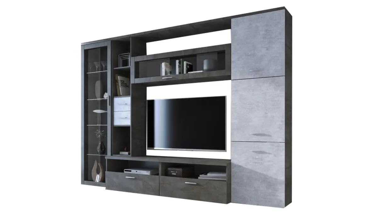 Parete Attrezzata Nero Antracite Grigio Cemento 5 Ripiani 2 Cassetti, Modulabile - Sovizzo