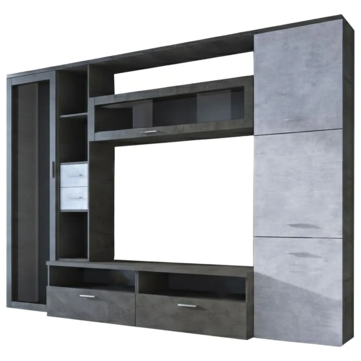 Parete Attrezzata Nero Antracite Grigio Cemento 5 Ripiani 2 Cassetti, Modulabile - Sovizzo