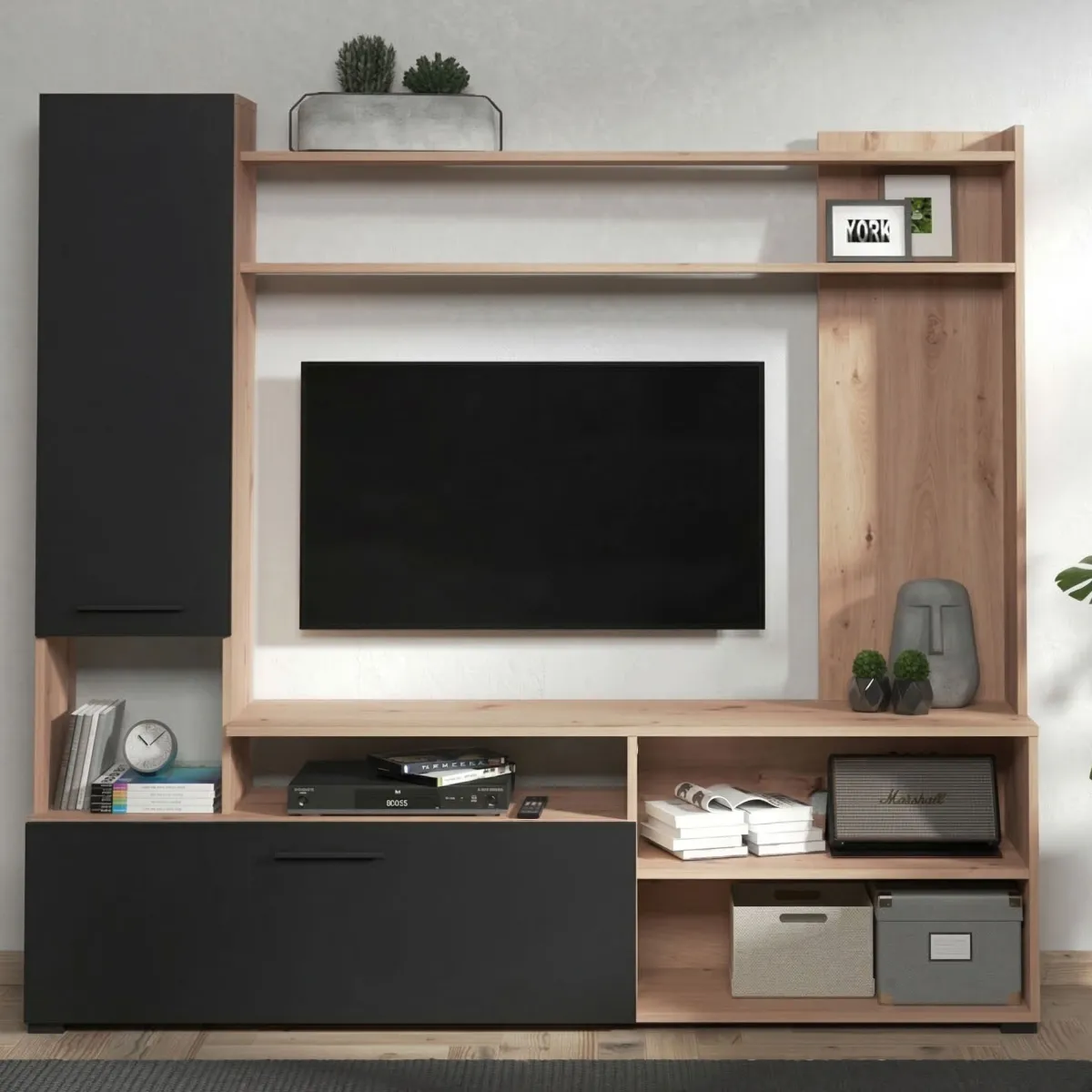 Pareti Attrezzate > Dmora Parete Attrezzata Nero Marrone Rovere Nodi 8 Ripiani 2 Ante 168.5x35x157h cm, 10 Vani - Chieve Marrone, Nero Rovere Nodi