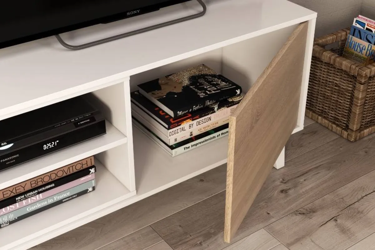 Salotto|Pareti Attrezzate > Dmora Parete attrezzata 6 ripiani 180cm bianca e rovere - Aslan Marrone Rovere, Bianco Lucido