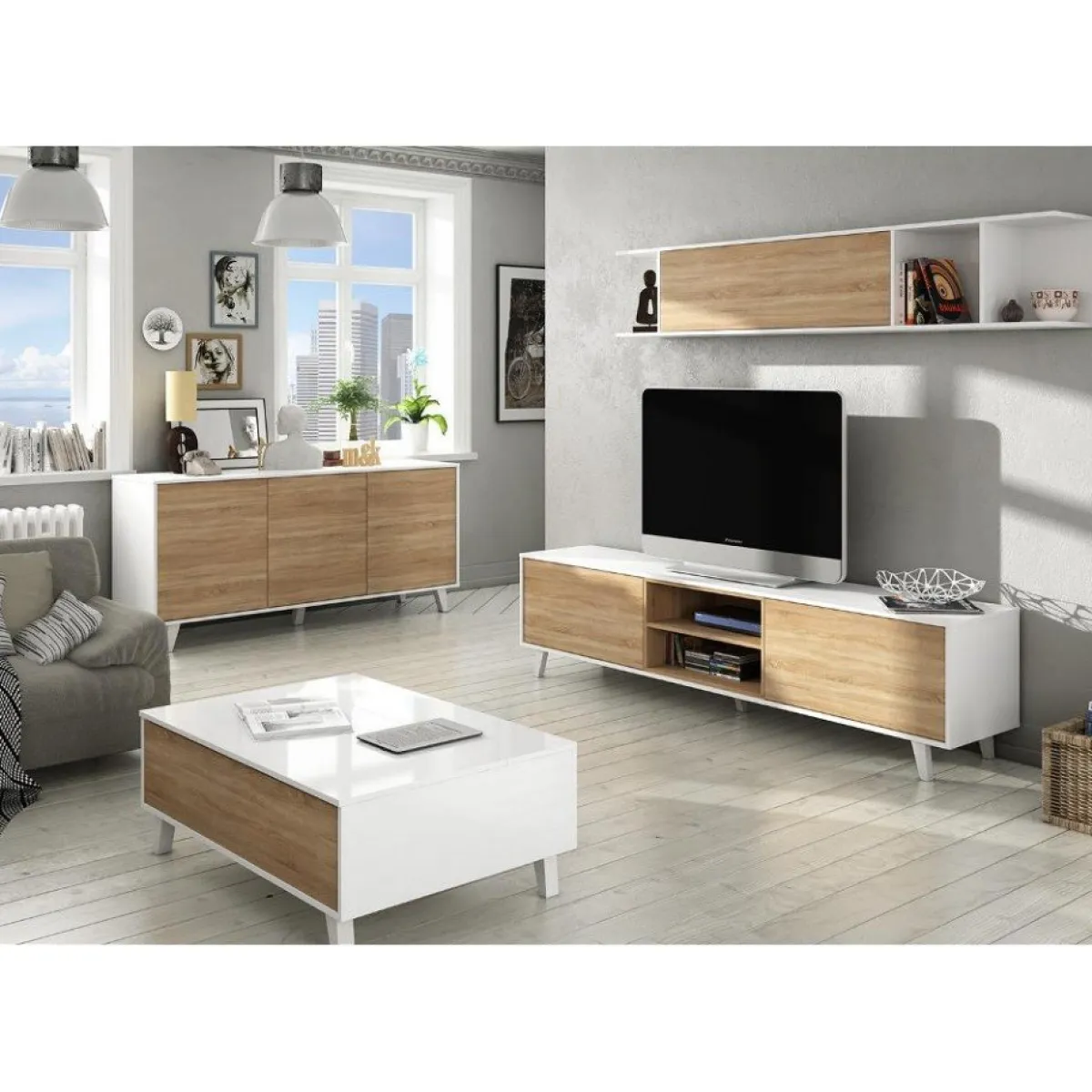 Salotto|Pareti Attrezzate > Dmora Parete attrezzata 6 ripiani 180cm bianca e rovere - Aslan Marrone Rovere, Bianco Lucido