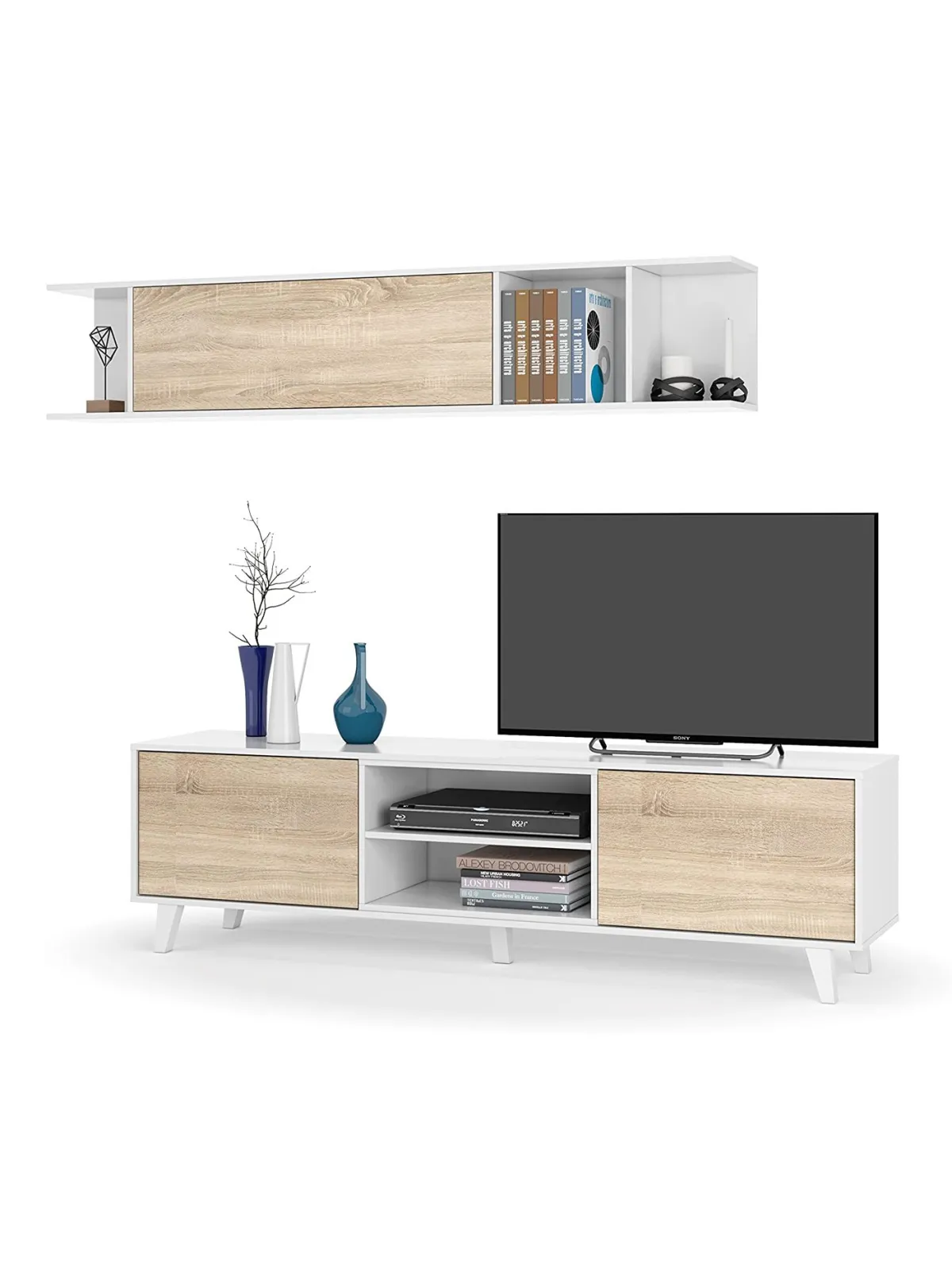 Salotto|Pareti Attrezzate > Dmora Parete attrezzata 6 ripiani 180cm bianca e rovere - Aslan Marrone Rovere, Bianco Lucido