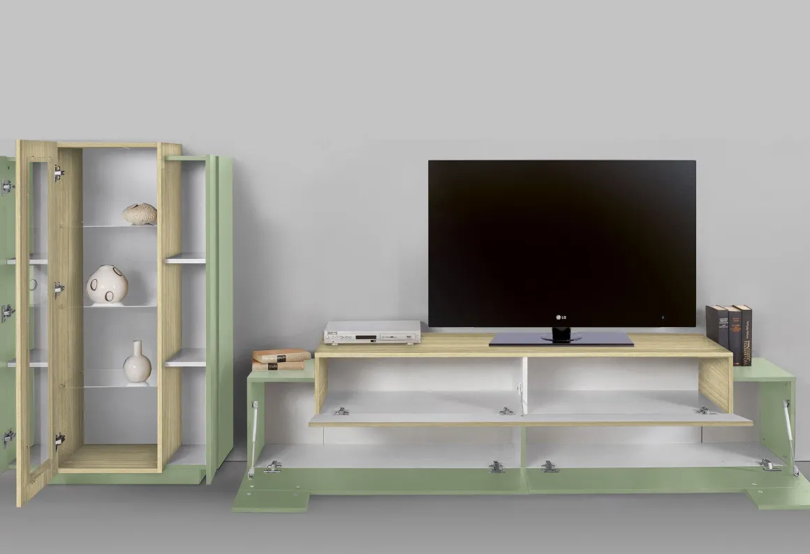 Parete Attrezzata Verde Modulabile 10 Ripiani 280x45x120.5h cm, Apertura a Ribalta, Battente - Lazzate