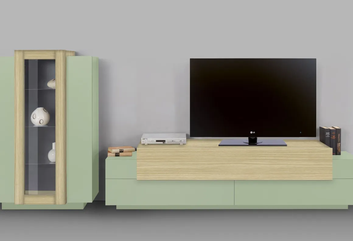 Parete Attrezzata Verde Modulabile 10 Ripiani 280x45x120.5h cm, Apertura a Ribalta, Battente - Lazzate