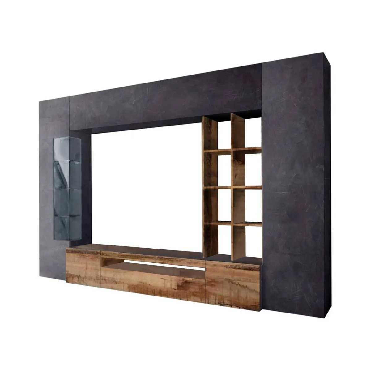 Salotto|Pareti Attrezzate > Dmora Parete attrezzata vetrina 290cm acero e ardesia - Andy Grigio Ardesia, Marrone Acero