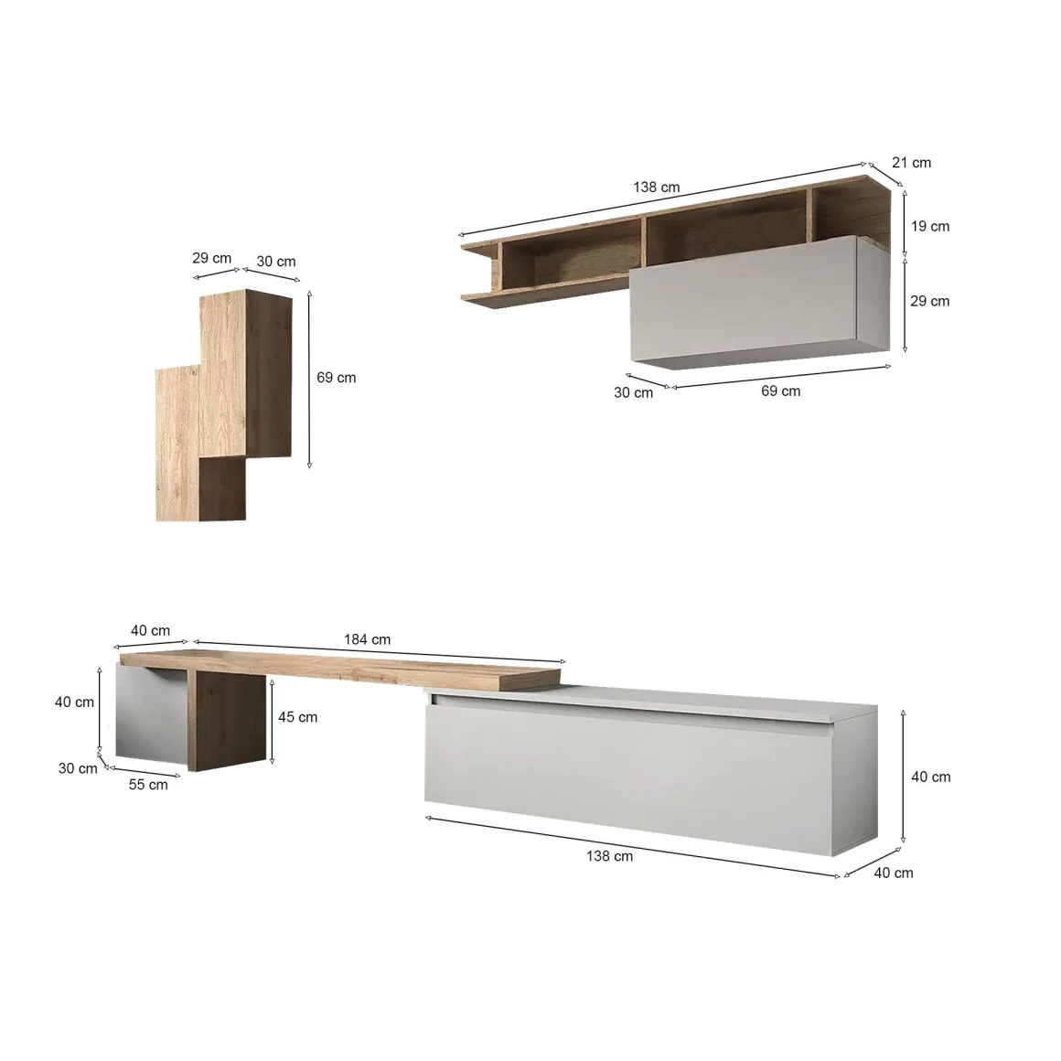 Parete salotto 4 ante 290cm rovere e grigia chiaro - Chris