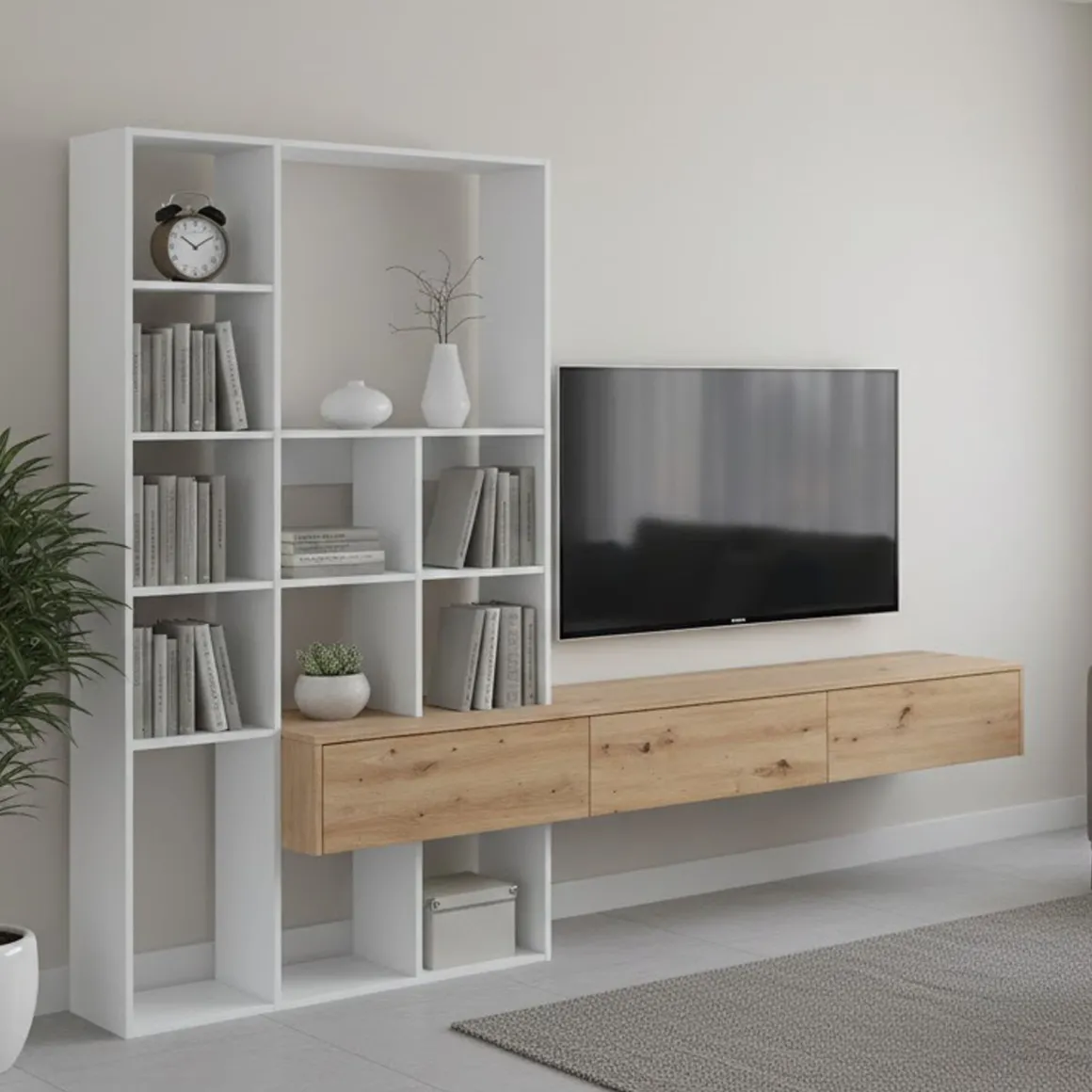 Parete salotto in legno 226cm bianca e legno - Bellusco