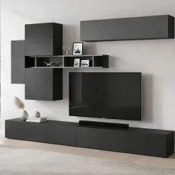 Parete salotto in legno e metallo 276cm ardesia e grigia scuro - Nate