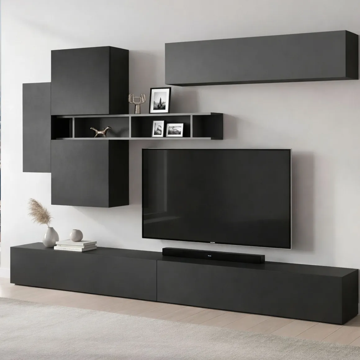 Pareti Attrezzate > Dmora Parete salotto in legno e metallo 276cm bianca lucida e rovere - Barumini Marrone Rovere, Bianco Lucido