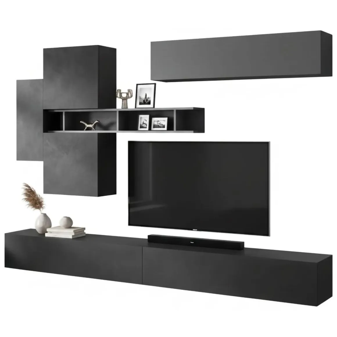 Pareti Attrezzate > Dmora Parete salotto in legno e metallo 276cm bianca lucida e rovere - Barumini Marrone Rovere, Bianco Lucido
