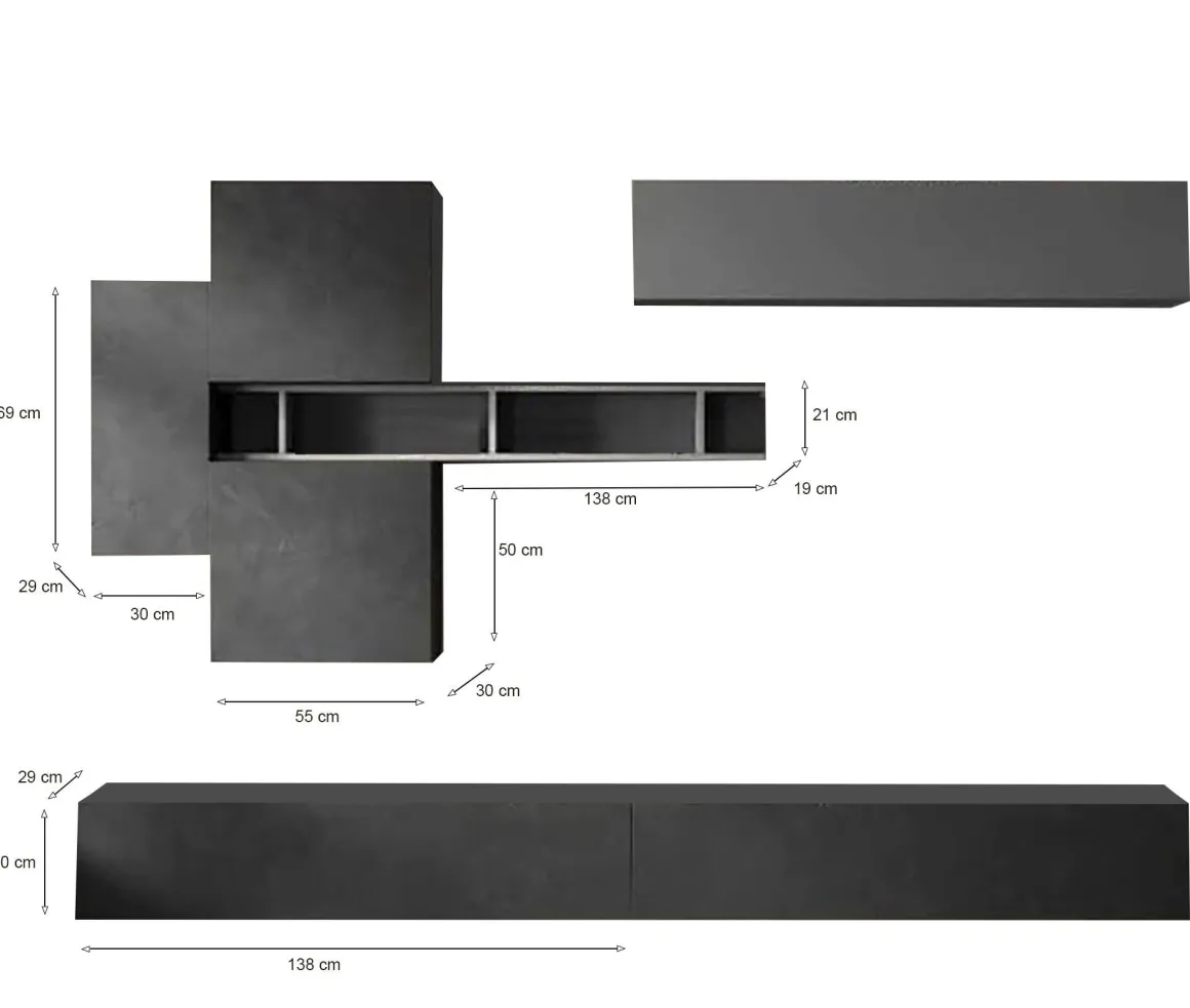 Pareti Attrezzate > Dmora Parete salotto in legno e metallo 276cm bianca lucida e rovere - Barumini Marrone Rovere, Bianco Lucido