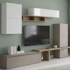 Parete salotto in legno e metallo 290cm bianca lucida e rovere - Tammy