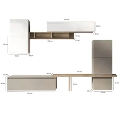 Parete salotto in legno e metallo 290cm bianca lucida e rovere - Tammy