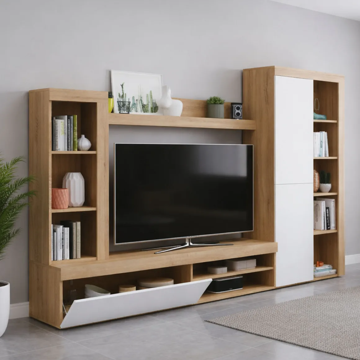 Parete salotto moderna 240cm bianca e rovere - Neera