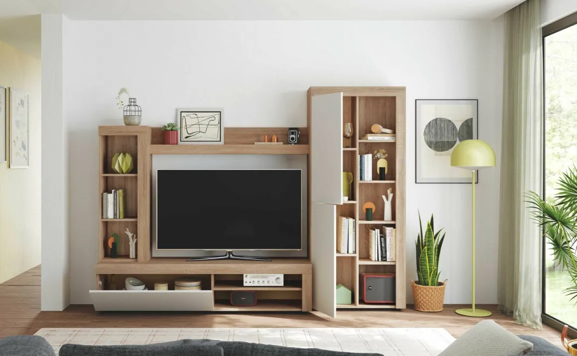 Parete salotto moderna 240cm bianca e rovere - Neera