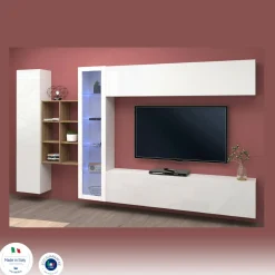 Salotto|Pareti Attrezzate > Dmora Parete salotto moderna 280cm bianca lucida e acero - Alessano Marrone Acero, Bianco Lucido