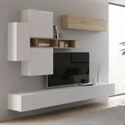 Pareti Attrezzate > Dmora Parete salotto modulabile 276cm bianca lucida e rovere - Nate Marrone Rovere, Bianco Lucido