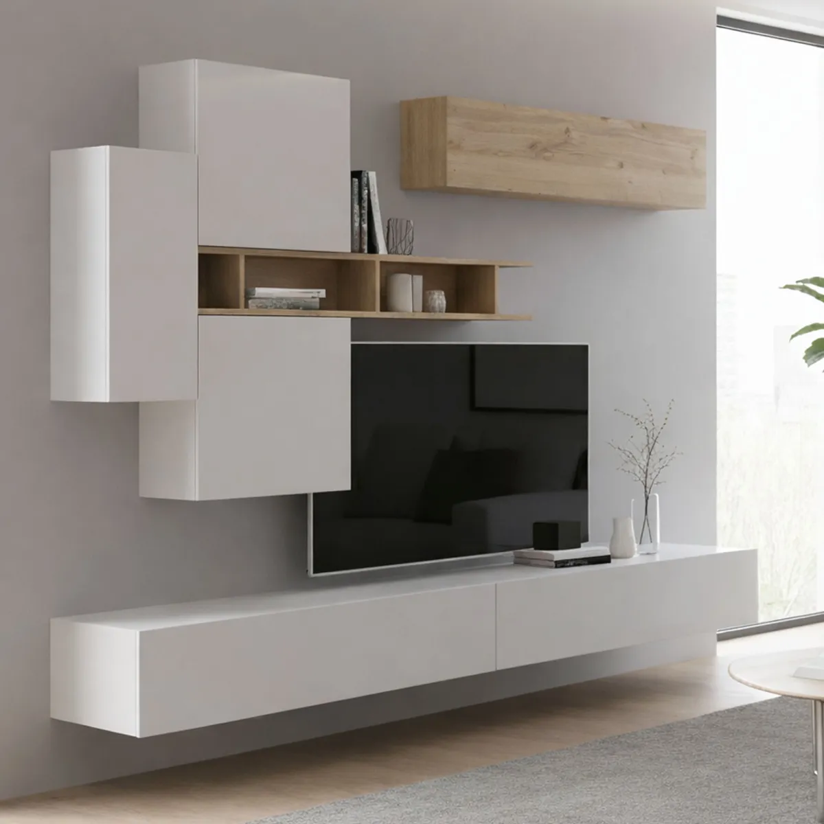 Pareti Attrezzate > Dmora Parete salotto modulabile 276cm bianca lucida e rovere - Nate Marrone Rovere, Bianco Lucido
