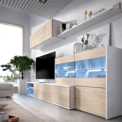 Salotto|Pareti Attrezzate > Dmora Parete soggiorno ad angolo con vetrina 260cm rovere e bianca lucida - Agio Bianco Lucido, Marrone Rovere