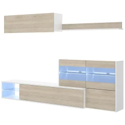 Salotto|Pareti Attrezzate > Dmora Parete soggiorno ad angolo con vetrina 260cm rovere e bianca lucida - Agio Bianco Lucido, Marrone Rovere