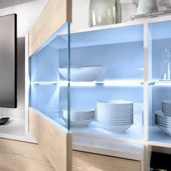 Salotto|Pareti Attrezzate > Dmora Parete soggiorno ad angolo con vetrina 260cm rovere e bianca lucida - Agio Bianco Lucido, Marrone Rovere