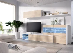 Salotto|Pareti Attrezzate > Dmora Parete soggiorno ad angolo con vetrina 260cm rovere e bianca lucida - Agio Bianco Lucido, Marrone Rovere