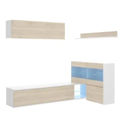Salotto|Pareti Attrezzate > Dmora Parete soggiorno ad angolo con vetrina 260cm rovere e bianca lucida - Agio Bianco Lucido, Marrone Rovere