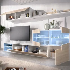 Salotto|Pareti Attrezzate > Dmora Parete soggiorno ad angolo con vetrina 260cm rovere e bianca lucida - Agio Bianco Lucido, Marrone Rovere