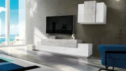 Parete soggiorno 6 ante 240cm bianca lucida e cemento - Alaskino