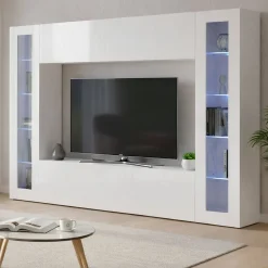 Parete soggiorno in vetro e legno 260cm bianca lucida - Amel