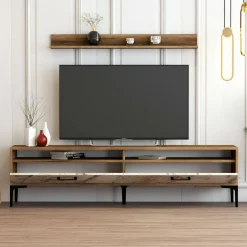 Salotto|Pareti Attrezzate > Dmora Parete soggiorno minimal 180cm noce e bianca marmo - Oho Bianco Marmo, Marrone Noce