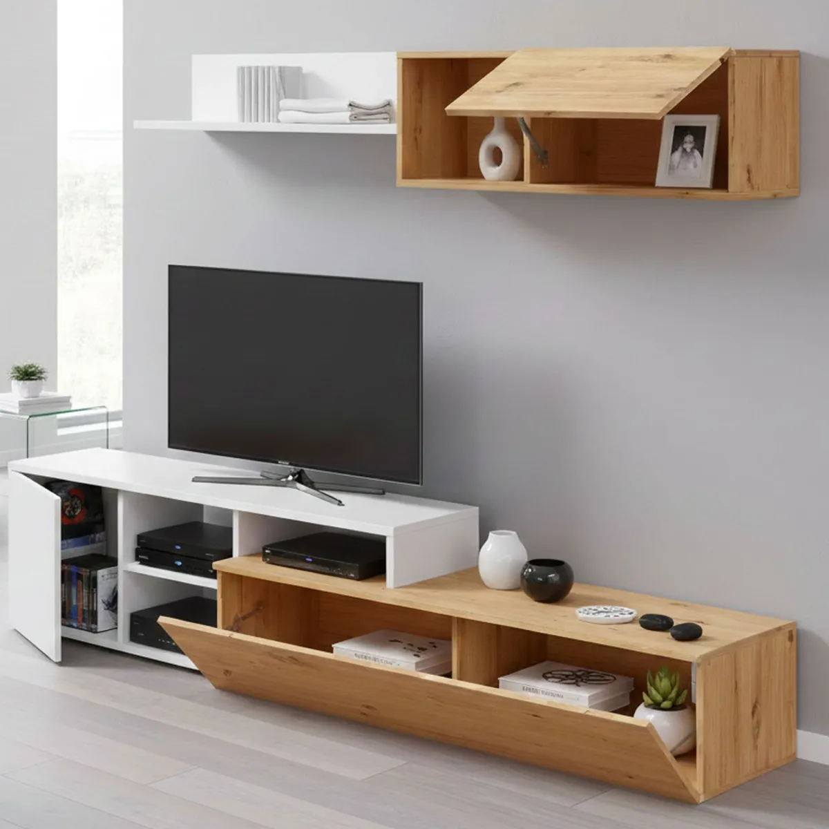 Salotto|Pareti Attrezzate > Dmora Parete soggiorno moderna 220cm legno e bianca - Aligator Bianco, Marrone Rovere Nodi
