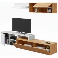 Salotto|Pareti Attrezzate > Dmora Parete soggiorno moderna 220cm legno e bianca - Aligator Bianco, Marrone Rovere Nodi