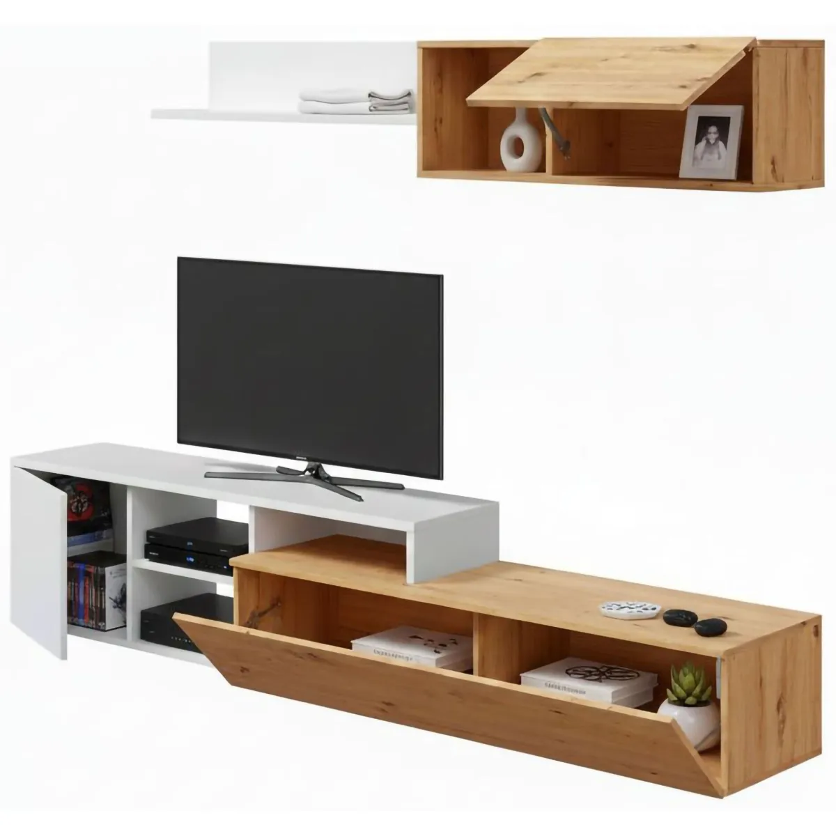 Salotto|Pareti Attrezzate > Dmora Parete soggiorno moderna 220cm legno e bianca - Aligator Bianco, Marrone Rovere Nodi