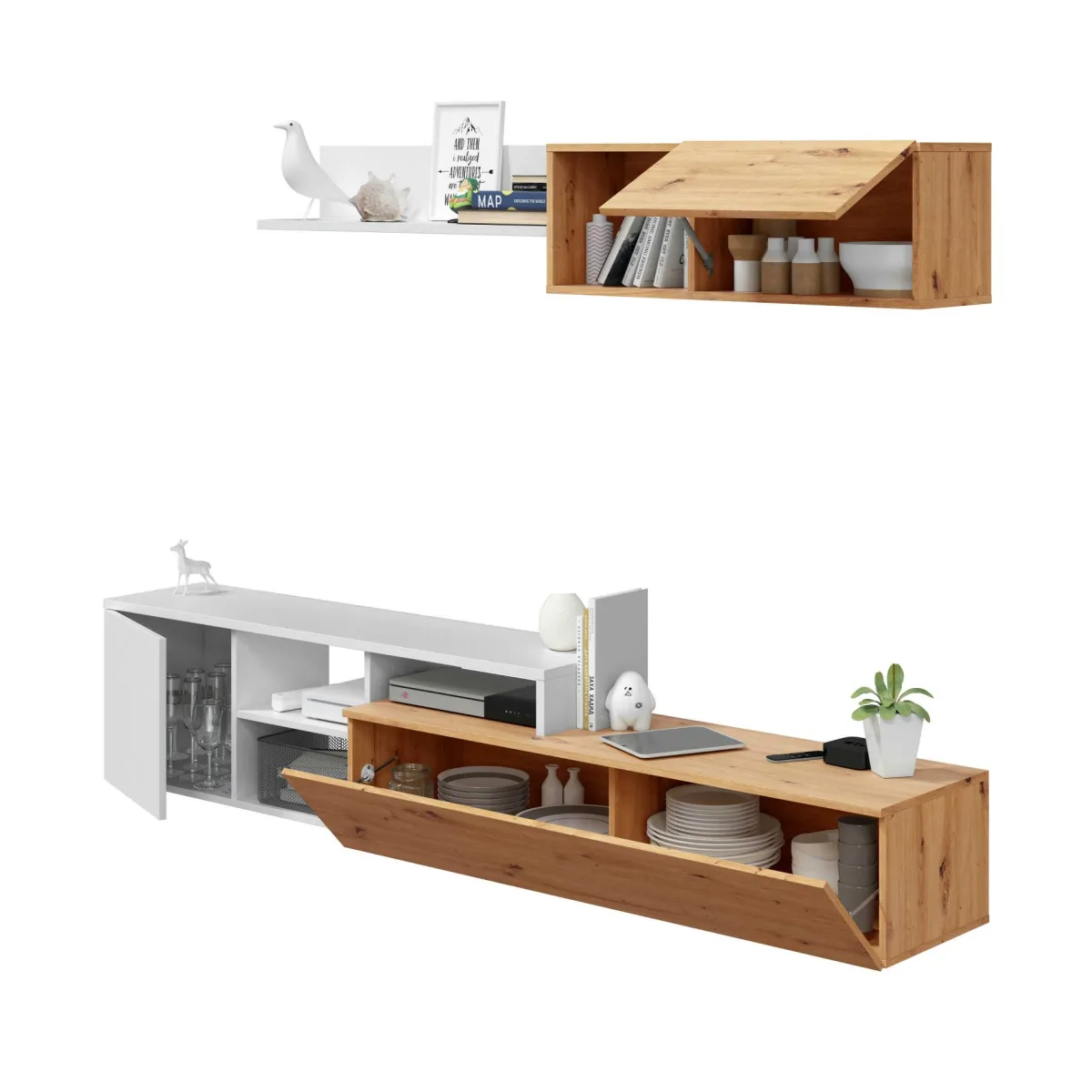 Salotto|Pareti Attrezzate > Dmora Parete soggiorno moderna 220cm legno e bianca - Aligator Bianco, Marrone Rovere Nodi