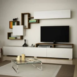 Salotto > Dmora Parete soggiorno multifunzione 240cm bianca lucida e acero - Granato Marrone Acero, Bianco Lucido