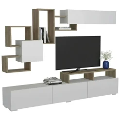 Salotto > Dmora Parete soggiorno multifunzione 240cm bianca lucida e acero - Granato Marrone Acero, Bianco Lucido