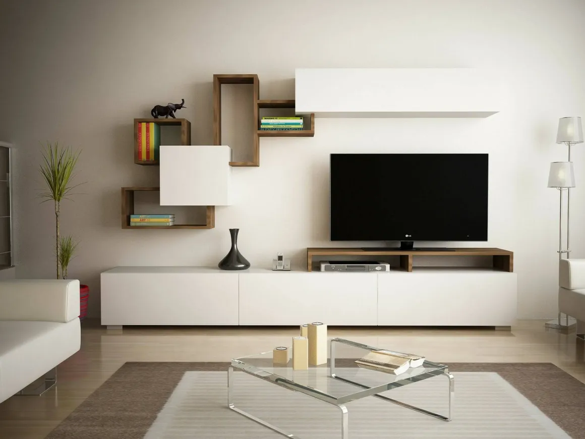 Salotto > Dmora Parete soggiorno multifunzione 240cm bianca lucida e acero - Granato Marrone Acero, Bianco Lucido