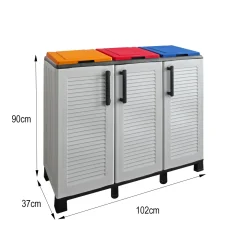 Pattumiera Grigio Chiaro Multicolore Capacità 330 (110 per Sacco) 3 Cestini 102x37x90h cm, Colore Struttura Multicolore Made in Italy - Apix