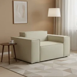 Poltrone|Poltroncine > Dmora Poltrona in legno massello e tessuto con braccioli - Leonia Beige