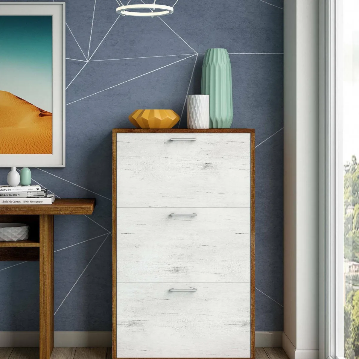 Bagno|Scarpiere > Dmora Porta scarpe 3 ante bianca e rovere 67x112h cm - Axinite Marrone, Bianco Rovere