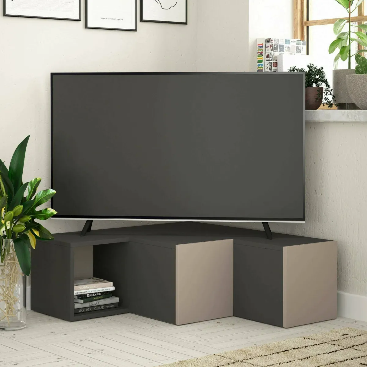 Mobili Porta Tv|Salotto > Dmora Porta TV antracite e beige 90x92x32h cm 2 ante e 2 cassetti - Fiorenza Beige, Nero Antracite