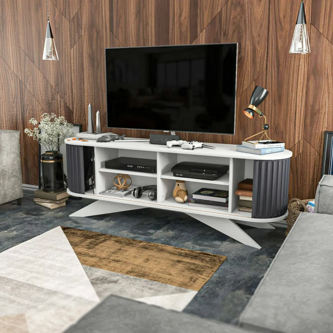 Porta TV antracite e bianco 180x43x60h cm 2 ante - Bailu