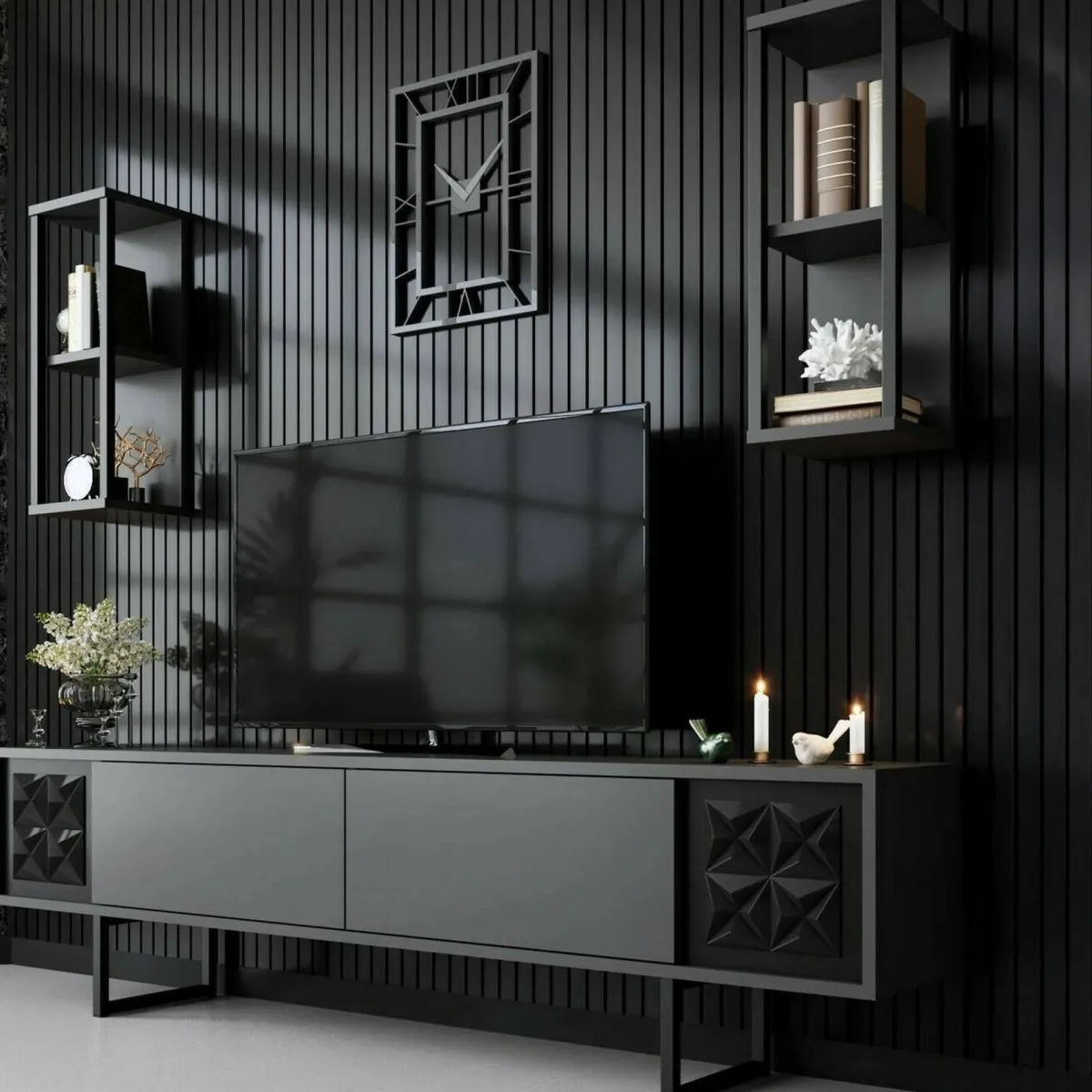 Mobili Porta Tv|Salotto > Dmora Porta TV antracite e nero 180x30x48h cm modulabile - Axa Nero, Nero Antracite