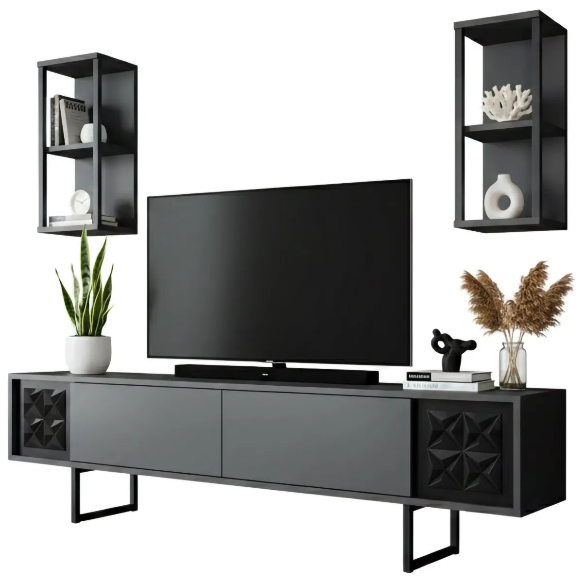 Mobili Porta Tv|Salotto > Dmora Porta TV antracite e nero 180x30x48h cm modulabile - Axa Nero, Nero Antracite