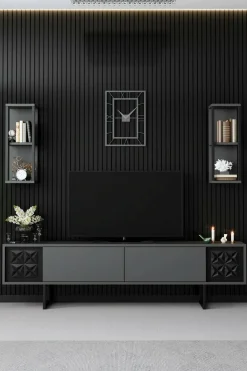 Mobili Porta Tv|Salotto > Dmora Porta TV antracite e nero 180x30x48h cm modulabile - Axa Nero, Nero Antracite