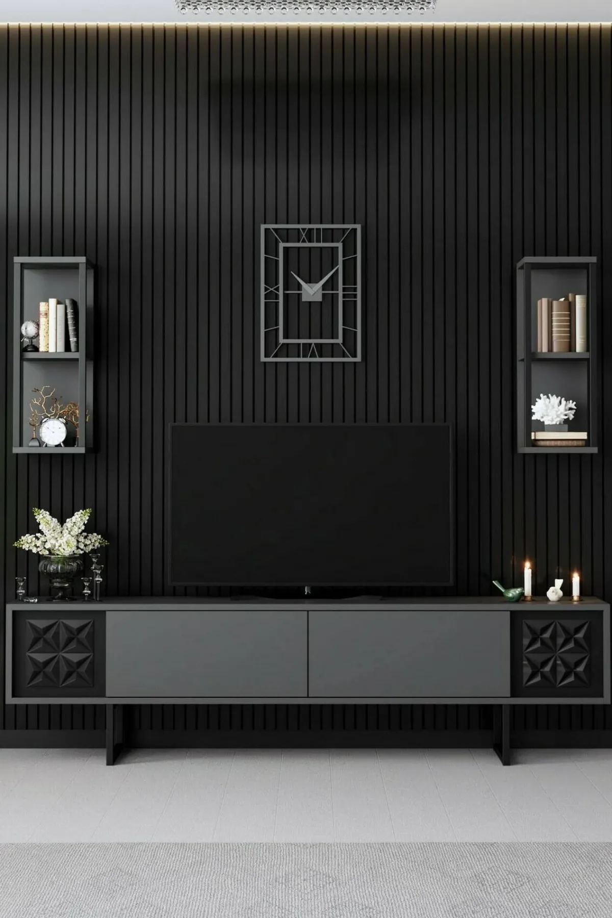 Mobili Porta Tv|Salotto > Dmora Porta TV antracite e nero 180x30x48h cm modulabile - Axa Nero, Nero Antracite