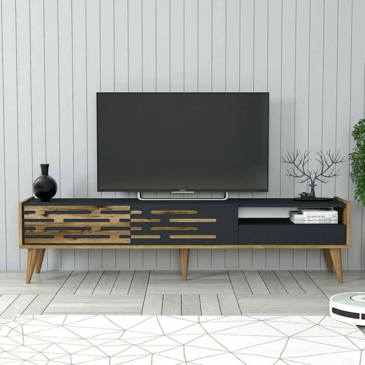 Porta TV antracite e noce 180x45x35h cm 3 ante - Upana