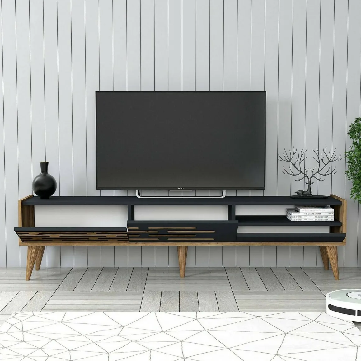 Porta TV antracite e noce 180x45x35h cm 3 ante - Upana