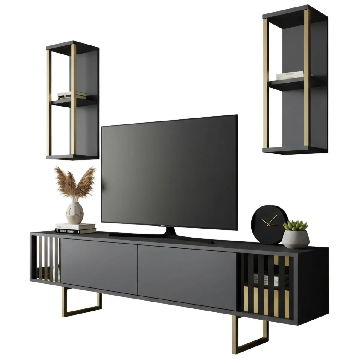 Mobili Porta Tv|Salotto > Dmora Porta TV antracite e oro 180x30x48h cm modulabile - Artinay Oro, Nero Antracite